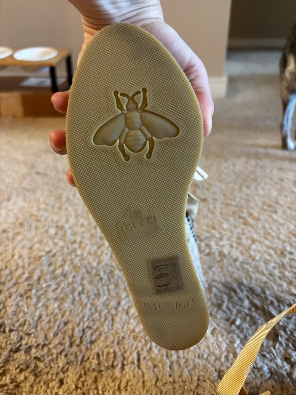 Gucci Beige GG Canvas Espadrille Wedges with Yellow Ribbon